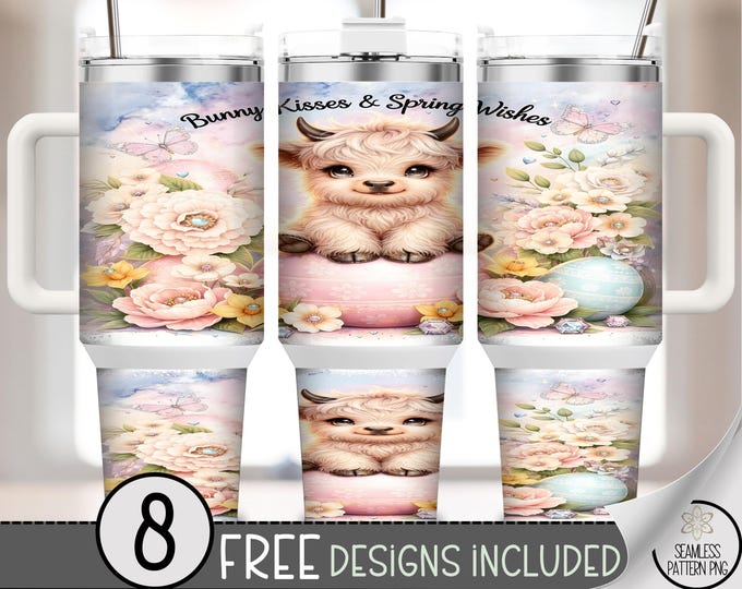 Bunny Kisses And Spring Wishes, Easter Baby Cow 40 Oz Tumbler Wrap, Cute Highland Cow Sublimation Design, Digital Download, B879