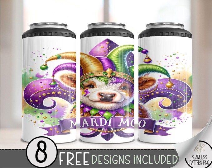 Highland Cow 4 in 1 Can Cooler Wrap, Mardi Gras 4 in 1 Tumbler PNG, Seamless Carnival Mask 16 Oz Can Cooler Sublimation Design, Festival PNG
