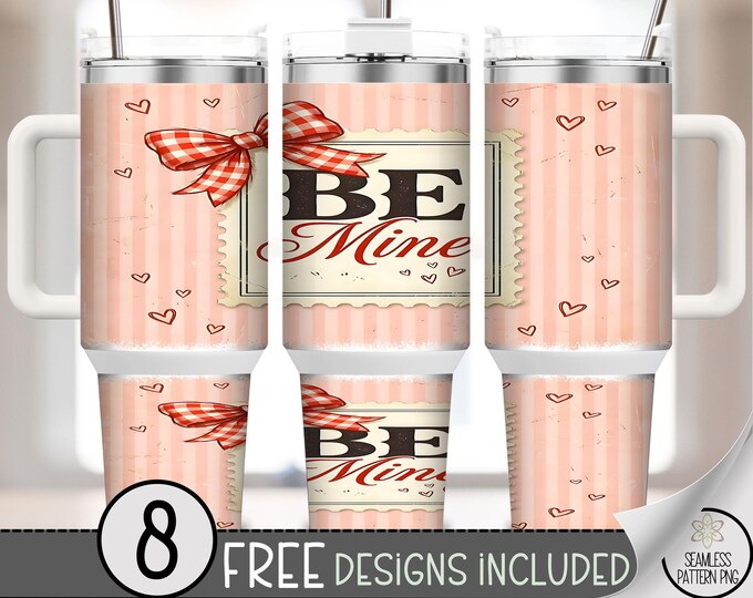 Be Mine Stamp 40 oz Tumbler Wrap, Cute Valentine Hearts, Digital Download for Sublimation, Pink Romantic Valentines PNG, A741
