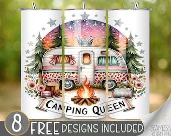 Camping Queen Tumbler Wrap, Camper 20oz Skinny Sublimation Tumbler Design, Pink Camper Tumbler File, Glittery Feminine Sublimation Tumbler