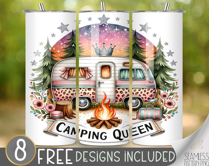 Camping Queen Tumbler Wrap, Camper 20oz Skinny Sublimation Tumbler Design, Pink Camper Tumbler File, Glittery Feminine Sublimation Tumbler