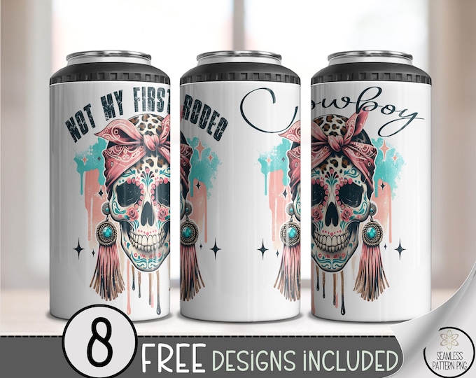 Not My First Rodeo 4-in-1 Can Cooler Wrap PNG, Cowgirl Sugar Skull Sublimation Design, Boho Western Leopard Skull PNG, Drip Tassel PNG, A394