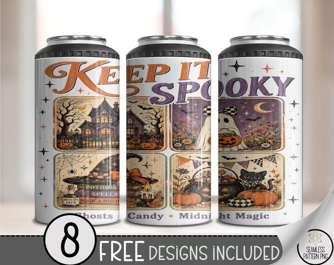 Halloween 4-in-1 Can Cooler Wrap, Spooky Retro Sublimation Design, Digital Download, B10421