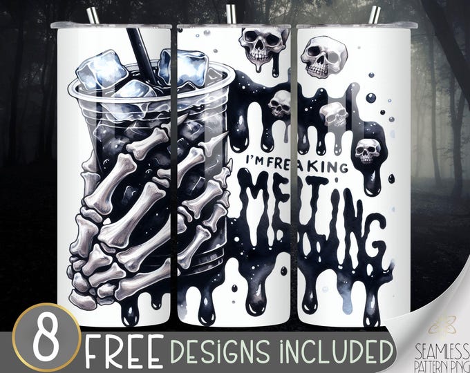 Spooky Summer 20 oz Straight Tumbler Wrap Sublimation, Gothic Summer Skeleton Design File, Coffee Doodles, Trendy Black Goth Cocktail PNG