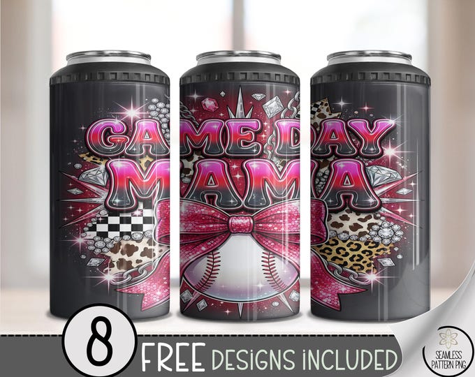 Game Day Mama 4in1 Can Cooler Wrap, Baseball Bow Sublimation Design, Rhinestone 16 oz 4-in-1 File, B10120