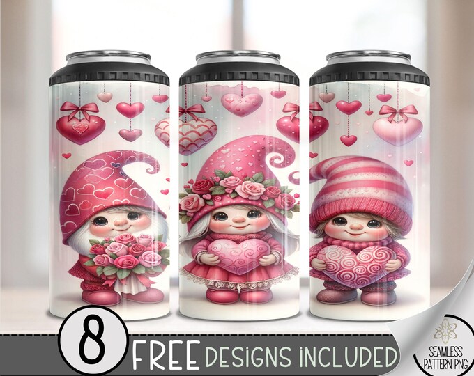 Seamless Valentine Gnome 4in1 Can Cooler Wrap, Vday Sublimation Design, Love 16 Oz Can Cooler Design File, Cute Gnome 4 in 1 Tumbler PNG,