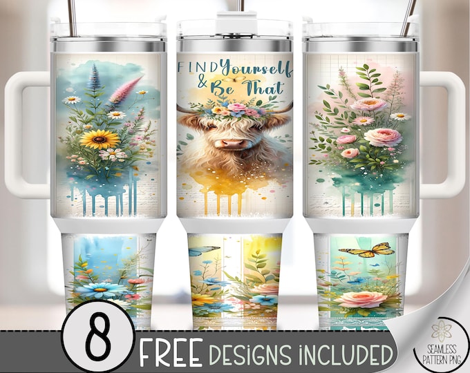 Find Yourself & Be That 40 oz Tumbler Wrap PNG, Highland Cow Floral Drip Sublimation Design, Boho Watercolor Cow PNG, A351