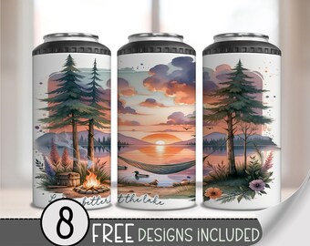 Lake Life 4in1 Can Cooler Wrap, Sunset 16 oz Can Cooler Design, Watercolor Sublimation Can Holder, Nature 4 in 1 Design Wrap, A236