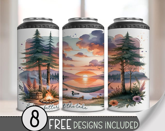 Lake Life 4in1 Can Cooler Wrap, Sunset 16 oz Can Cooler Design, Watercolor Sublimation Can Holder, Nature 4 in 1 Design Wrap, A236