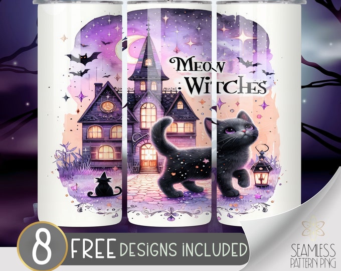 Halloween Cat Tumbler Wrap 20 Oz Tumbler Design, Black Cat 20 Oz Tumbler Wrap Png Whimsigoth Tumbler Wrap, Meow Witches Digital Download