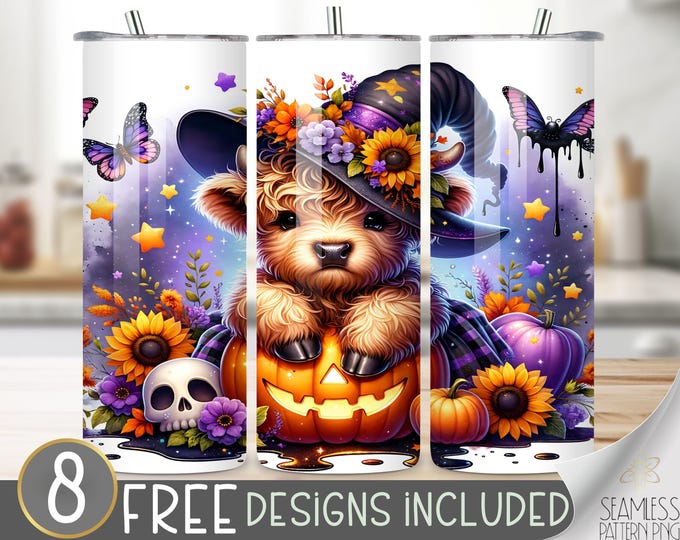 Halloween Highland Cow Tumbler Wrap,Cute Witch 20oz Straight,Cowl Sublimation Design,Jack O Lantern 20 Oz Skinny Tumbler Sublimation Designs