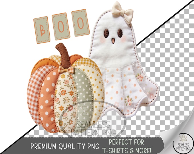 Halloween Ghost Sublimation Design, Faux Patchwork Pumpkin UV DTF Graphic, Cute Spooky Clip Art, B10161