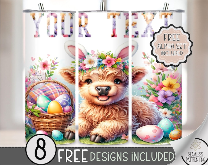 Add Your Text Highland Cow Easter Tumbler Wrap, Add Your Name Bunny Floral 20oz Skinny Tumbler Sublimation Design, Personalize Tumbler Wrap