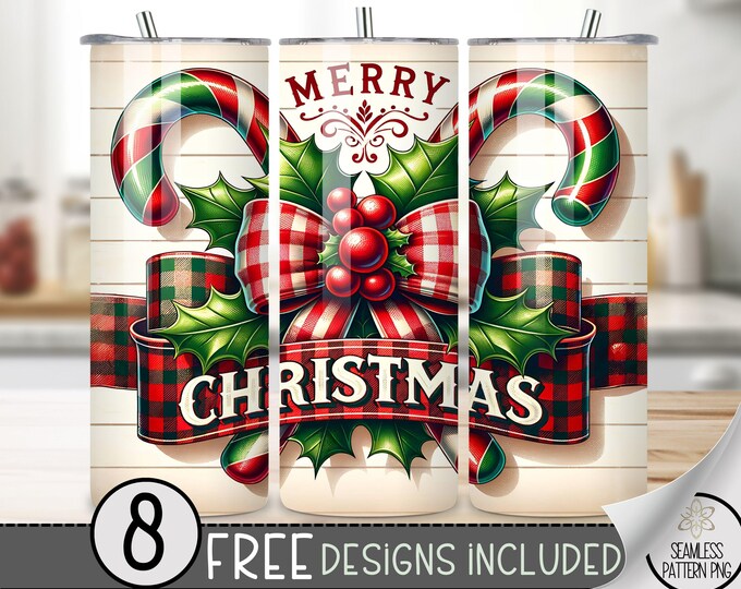 Merry Christmas Tumbler Wrap, Xmas Holiday Sublimation Design PNG, Merry Christmas Tumbler PNG, Candy Cane Seamless 20oz Skinny Tumbler Wrap