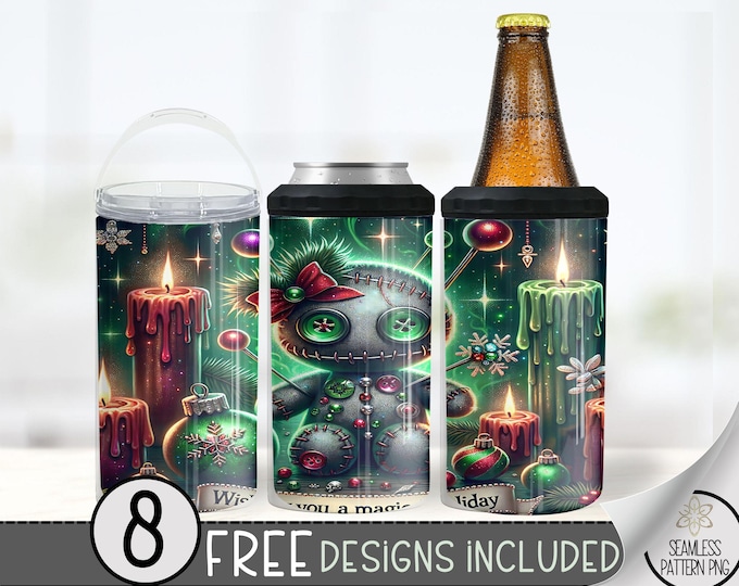 Christmas 4in1 Can Cooler Wrap, Voodoo Doll 4 in 1 Tumbler PNG, Gothic 16 Oz Can Cooler Sublimation Design, Funny Can Holder Wrap, Xmas Wrap