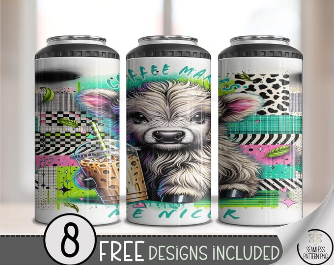 Highland Cow PNG, Farmhouse Green Pop-Art 16 Oz 4-In-1 Can Cooler Wrap, Calf Sublimation Design, Digital Download, B942