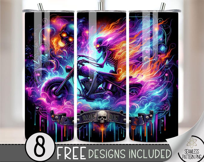 Motorcycle Tumbler Wrap, Biker Seamless Motorcycle Wrap Tumbler, 20oz Flaming Skull Tumbler Wrap, Motorcycle Sublimation Tumbler