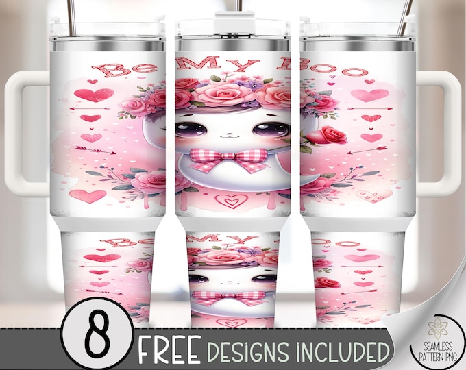 Valentines Day 40 oz Tumbler Wrap, Cute Design Festive 40oz PNG with Charming Ghost & Hearts A727