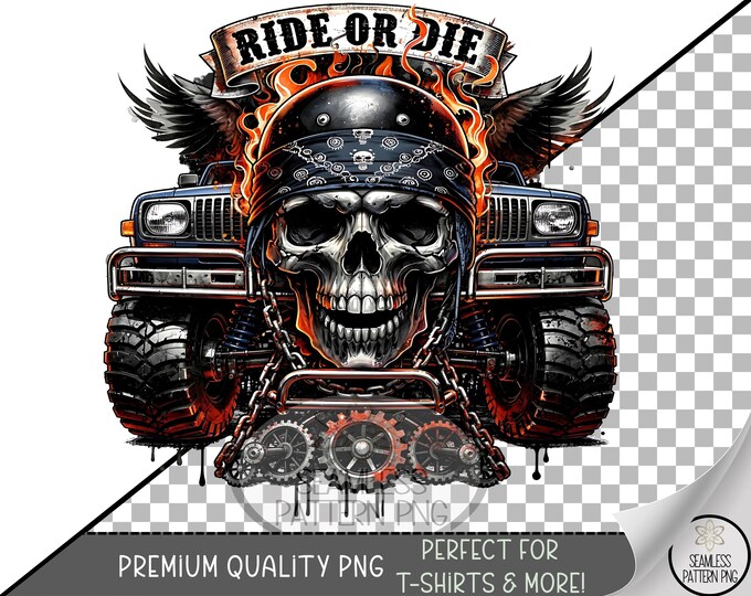 Ride Or Die PNG, Trucker Skull Vintage Digital Download, Grunge UV DTF Sublimation Design, B836