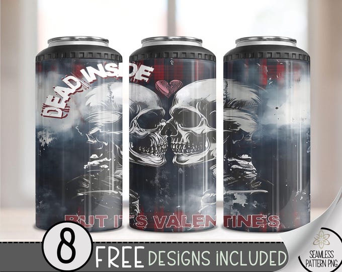 Skull Valentine 4 in 1 Can Cooler Wrap, Grunge 4in1 Tumbler PNG, Dead Inside 16 Oz Can Cooler Sublimation Design, Seamless Gothic Vday File