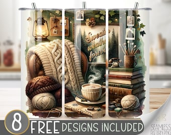 Sweater weather forever tumbler wrap, cozy tumbler design, Cottagecore 20 oz tumbler wrap, autumn tumbler PNG, trendy sweater tumbler file