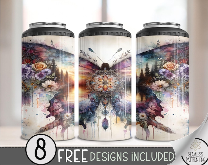 Floral Butterfly Boho Dreamcatcher 4in1 Can Cooler Wrap,Sunset Lake 4 in 1 Tumbler PNG,Seamless Ethereal 16 Oz Can Cooler Sublimation Design