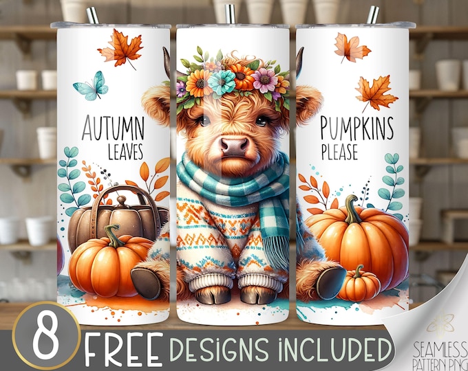 Autumn Highland Cow Tumbler Wrap, Autumn Tumbler Wrap Png, Highland Cow Wrap, Fall Highland Cow, Pumpkin Tumbler Png, 20Oz Tumbler Wrap