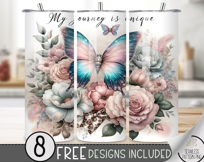 Butterfly Floral Tumbler Wrap, Glittery Flower Sublimation Design,Elegant Nature Tumbler File, Inspirational Sublimation PNG,Motivating Wrap