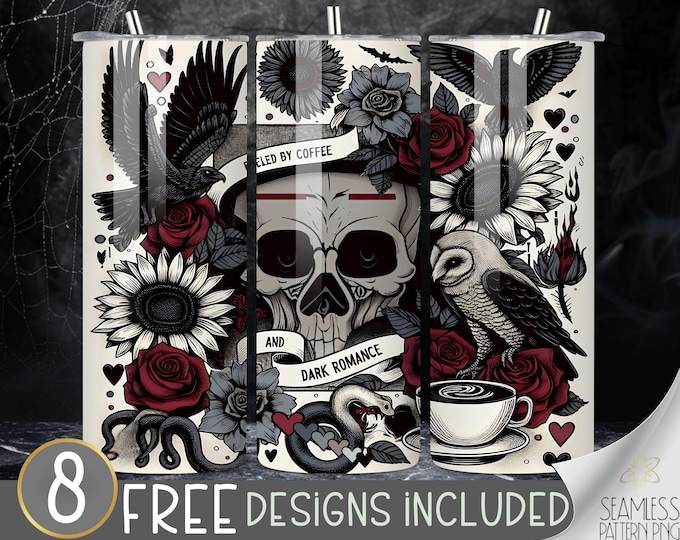 Trendy Black Goth Tumbler Wrap, Fueled By Coffee and Dark Romance Tumbler PNG, 20 oz Straight Sublimation Design, Book Lover Tumbler File