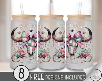Country Girl Glass Can Wrap, Feminine 16oz Glass Tumbler Sublimation Design, Boho Western Longhorn Skull with Bow PNG File A512