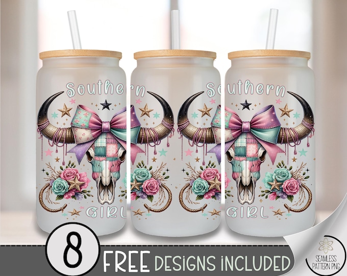 Country Girl Glass Can Wrap, Feminine 16oz Glass Tumbler Sublimation Design, Boho Western Longhorn Skull with Bow PNG File A512