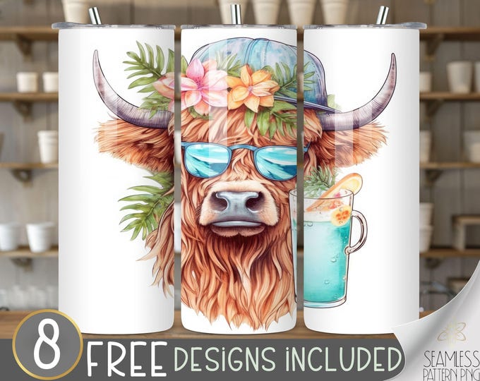 Highland Cow Tumbler Wrap, Cocktail 20 oz Tumbler Sublimation Designs, Cool Cow Tumbler File, Summer Tumbler Design, Funny Highland Cow