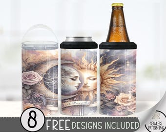 Just Breathe Can Cooler Wrap, Gothic Witchy Vibes Celestial 16 oz 4-in-1 Cooler Sublimation,Floral Sun & Moon Design, Boho Chic Can Wrap A58