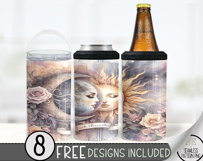 Just Breathe Can Cooler Wrap, Gothic Witchy Vibes Celestial 16 oz 4-in-1 Cooler Sublimation,Floral Sun & Moon Design, Boho Chic Can Wrap A58