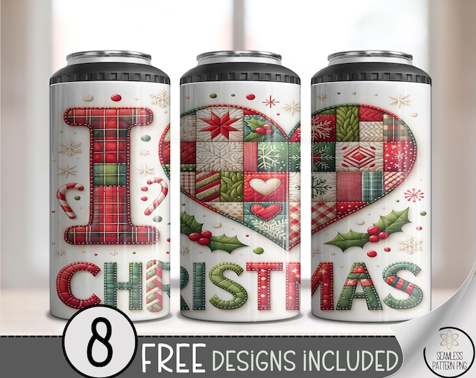 I Love Christmas 4in1 Can Cooler Wrap, Patchwork Sublimation Design, Quilted Heart Typography, Vintage Farmhouse 16oz Wrap File, A503