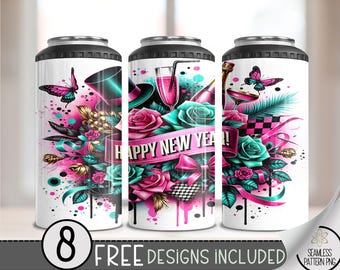 Happy New Year 4 in 1 Can Cooler Wrap, NYE Sublimation Design, Neon New Years Eve 4in1 Tumbler PNG, New Years Eve 16 Oz Can Cooler
