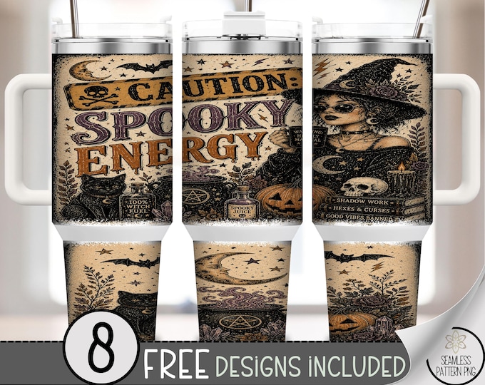 Caution Spooky Energy 40 oz Tumbler Wrap, Vintage Witch Sublimation Design, Digital Download, B10425
