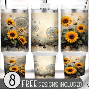 May include: White travel mugs with a sunflower design. The design features yellow sunflowers with green leaves and a vintage-style background. The mugs have a handle and a lid with a straw.