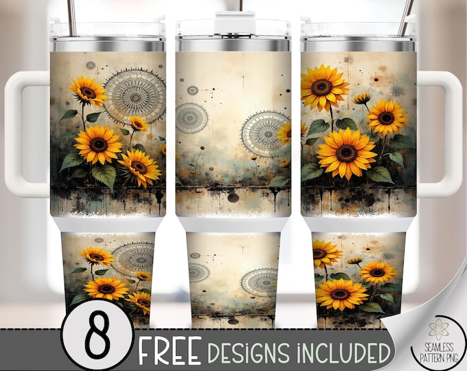 Grunge Sunflower 40 oz Tumbler Wrap PNG, Sublimation Design, Digital Download, Vintage Floral for Woman, B640