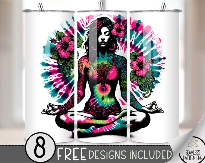 Meditating Woman Tumbler Wrap, Yoga Girl Sublimation File, Hibiscus Mandala Tumbler PNG,Tattoo Girl 20oz Straight Tumbler Wrap,Download A121