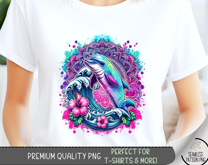 Dolphin T-Shirt PNG, Hibiscus Mandala Graphic Tee Design, Summer Ocean Wave Graphic Tshirt PNG, Airbrush Watercolor Sublimation Design, A115