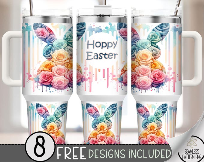 Funny Bunny 40oz Tumbler Wrap, Hoppy Easter Tumbler Sublimation Design, Cute Floral Spring 40oz Quencher Tumbler Wrap PNG, Easter PNG, A128
