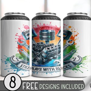 May include: Three white insulated beverage holders with a black top. The center holder features a watercolor design of an engine block, pistons, and wrenches, with the text "STILL PLAYS WITH BLOCKS".