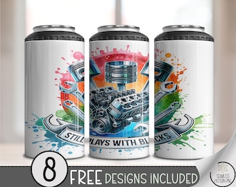 Still Plays With Blocks 4-in-1 Can Cooler Wrap, Mechanic Engine Sublimation, 4 in 1 Car Guy Tumbler PNG, Funny Wrench Piston Design, A345