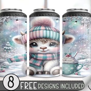Seamless Highland Cow 4 in 1 Can Cooler Wrap, Winter Can Holder Wrap, Christmas  16Oz Can Cooler, Pastel Holiday 4In1 Cooler Tumbler PNG