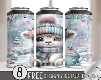 Seamless Highland Cow 4 in 1 Can Cooler Wrap, Winter Can Holder Wrap, Christmas  16Oz Can Cooler, Pastel Holiday 4In1 Cooler Tumbler PNG