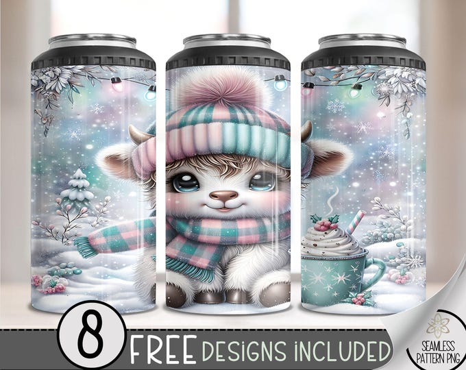 Seamless Highland Cow 4 in 1 Can Cooler Wrap, Winter Can Holder Wrap, Christmas  16Oz Can Cooler, Pastel Holiday 4In1 Cooler Tumbler PNG