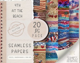 Digital Glitter 4th At The Beach Seamless Pattern JPG Bundle, Stripe Sublimation File, Bright 4th of July Repeating Pack Commercial Use
