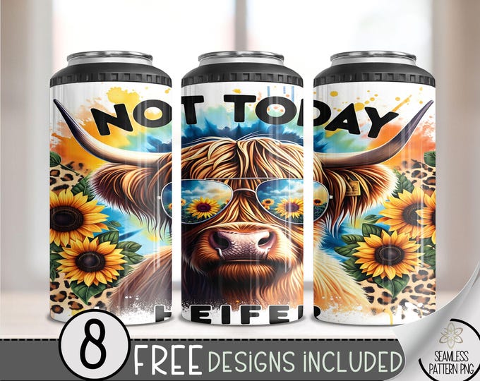 Cute Highland Cow 4in1 Can Cooler Wrap, Not Today Heifer 4 in 1 Tumbler Png, Funny Highland Cow Hard Can Cooler PNG, Tie Dye Cow, A82