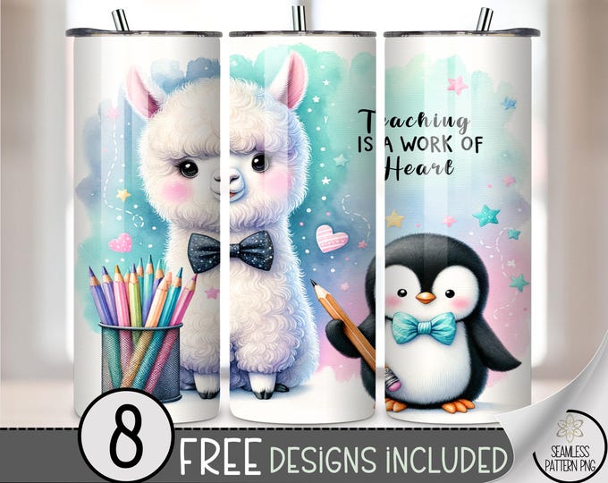 Teaching Is a Work of Heart Tumbler Wrap PNG, Cute Penguin and Alpaca with Pencils Sublimation Design, 20 oz Skinny Teacher Wrap File, A312